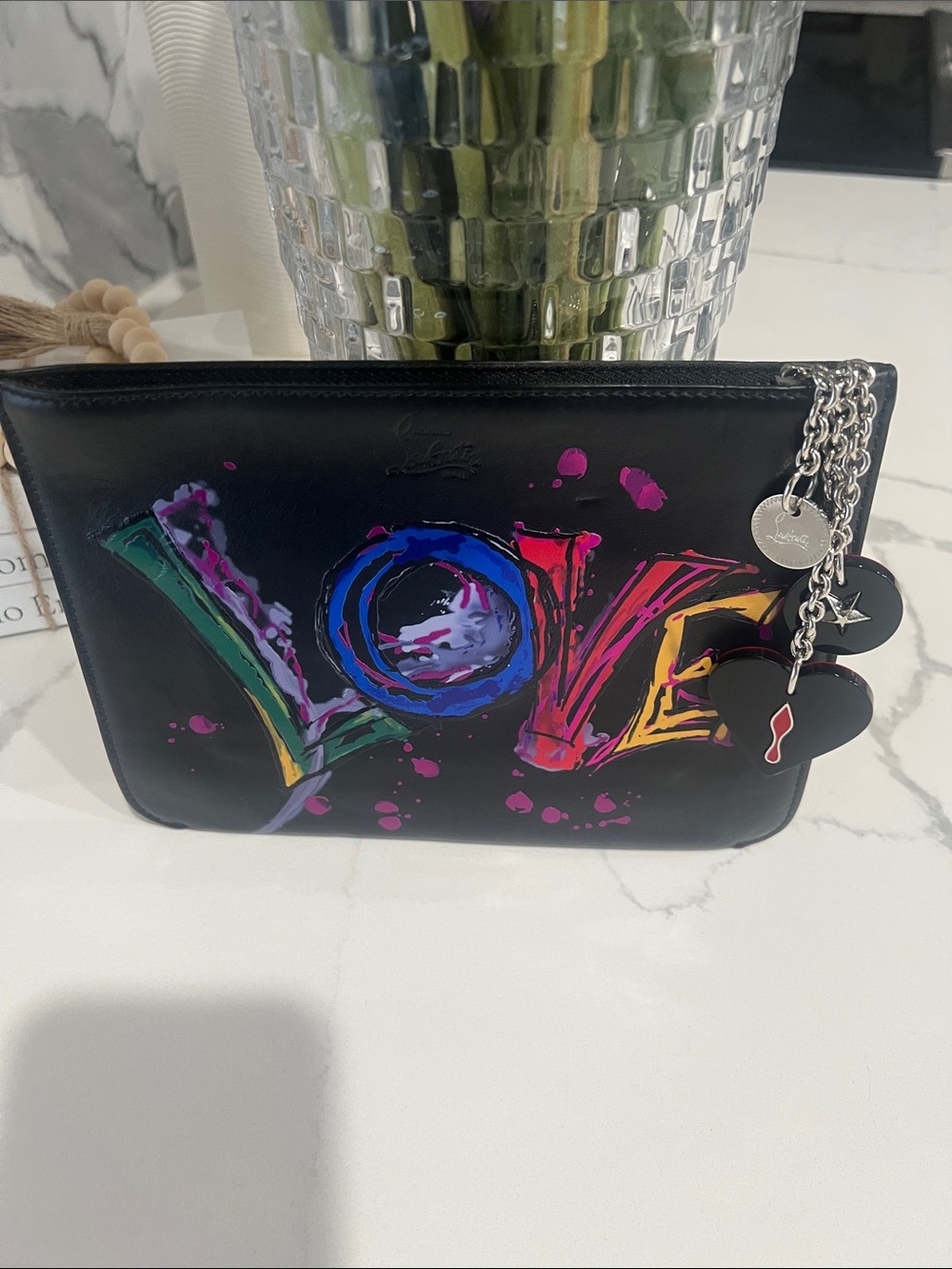 Christian Louboutin Black Pouch with Multicolor 'LOVE' Graffiti